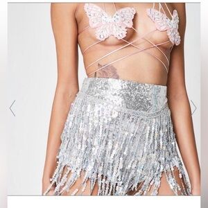 NWT Elsie & Fred La Bamba Silver Holographic Sequin Tassel Fringe Shorts M